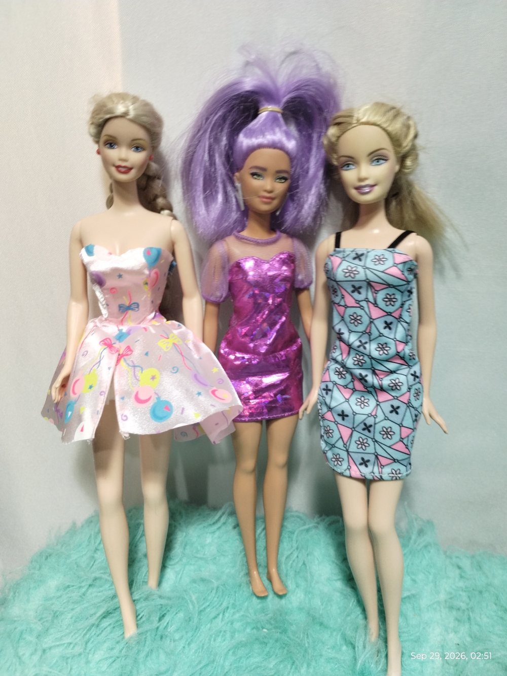Barbie Dolls Trio with Pink, Purple, Light Blue Dresses
